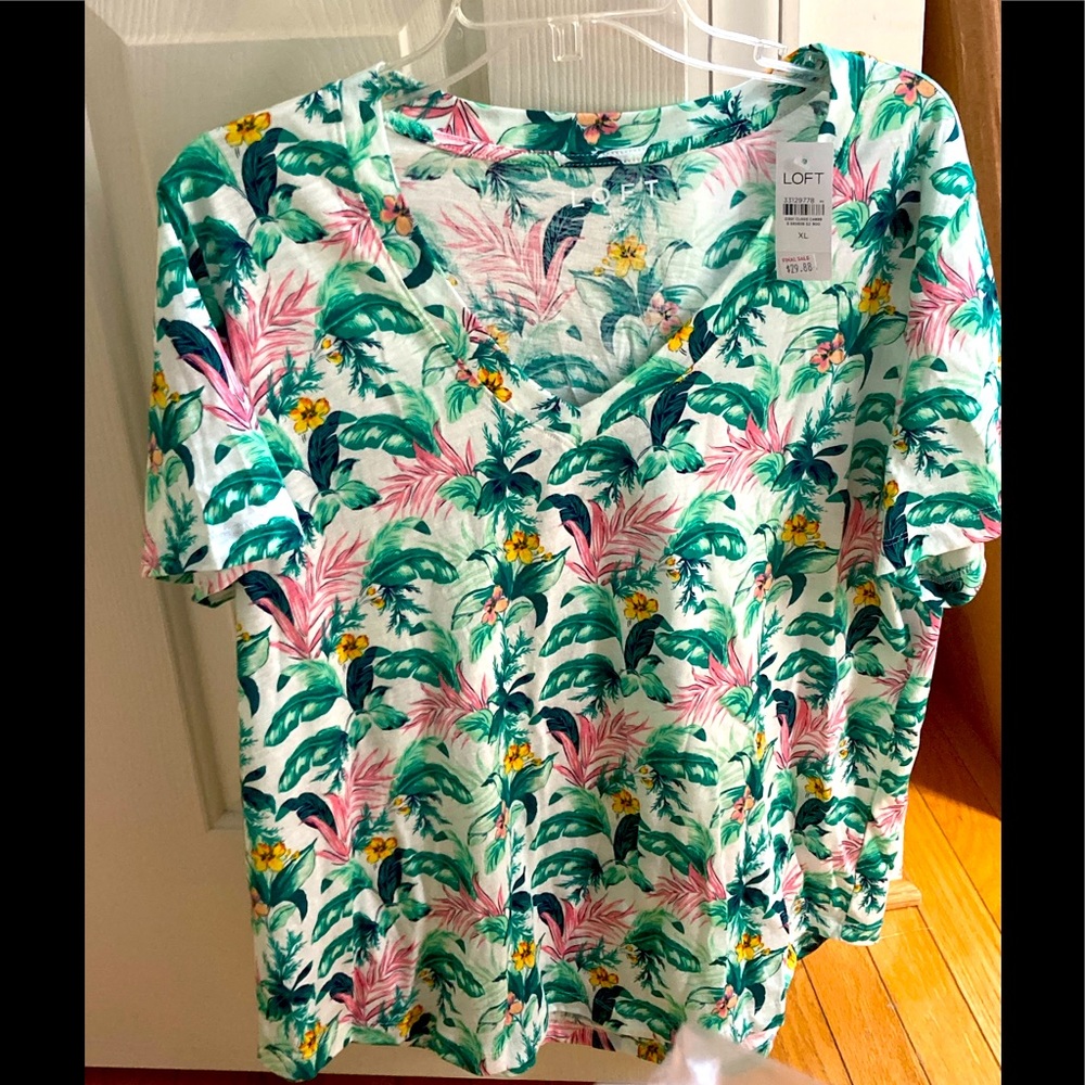 LOFT Tropical Leaf Print Short Sleeve Tee - White, Green, Pink, Yellow size XL